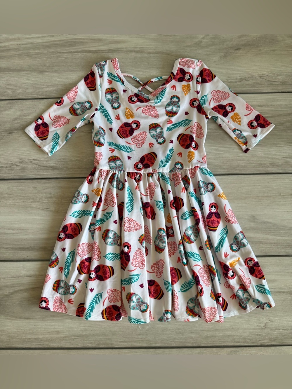 Dot Dot Smile Matryoshka Doll Printed Ballerina Dress White Size 3/4 NWT